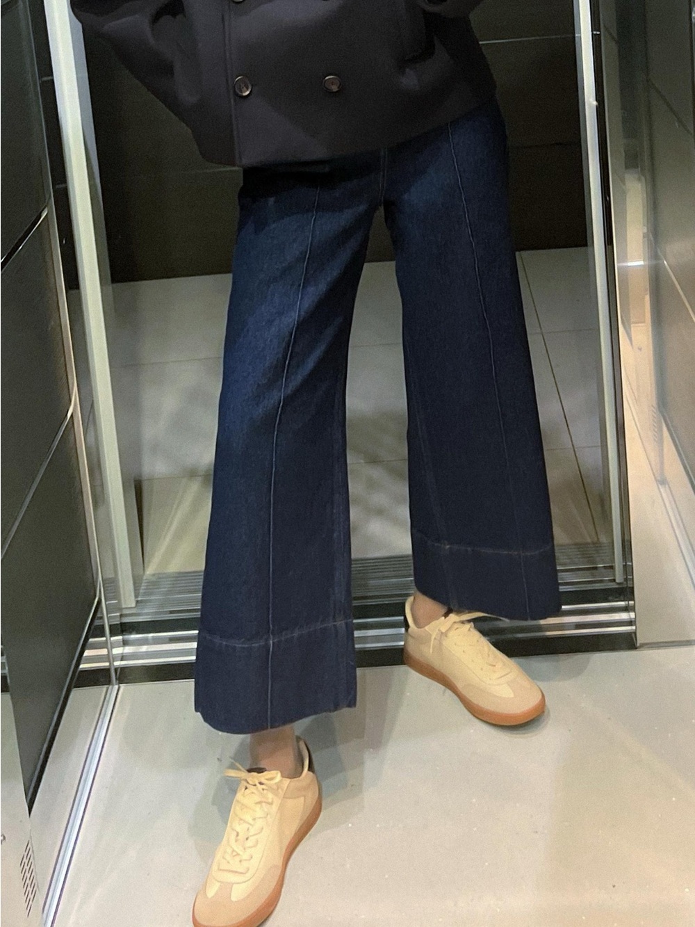 Cropped Wide Leg Central Seam High Waist Blue Jeans